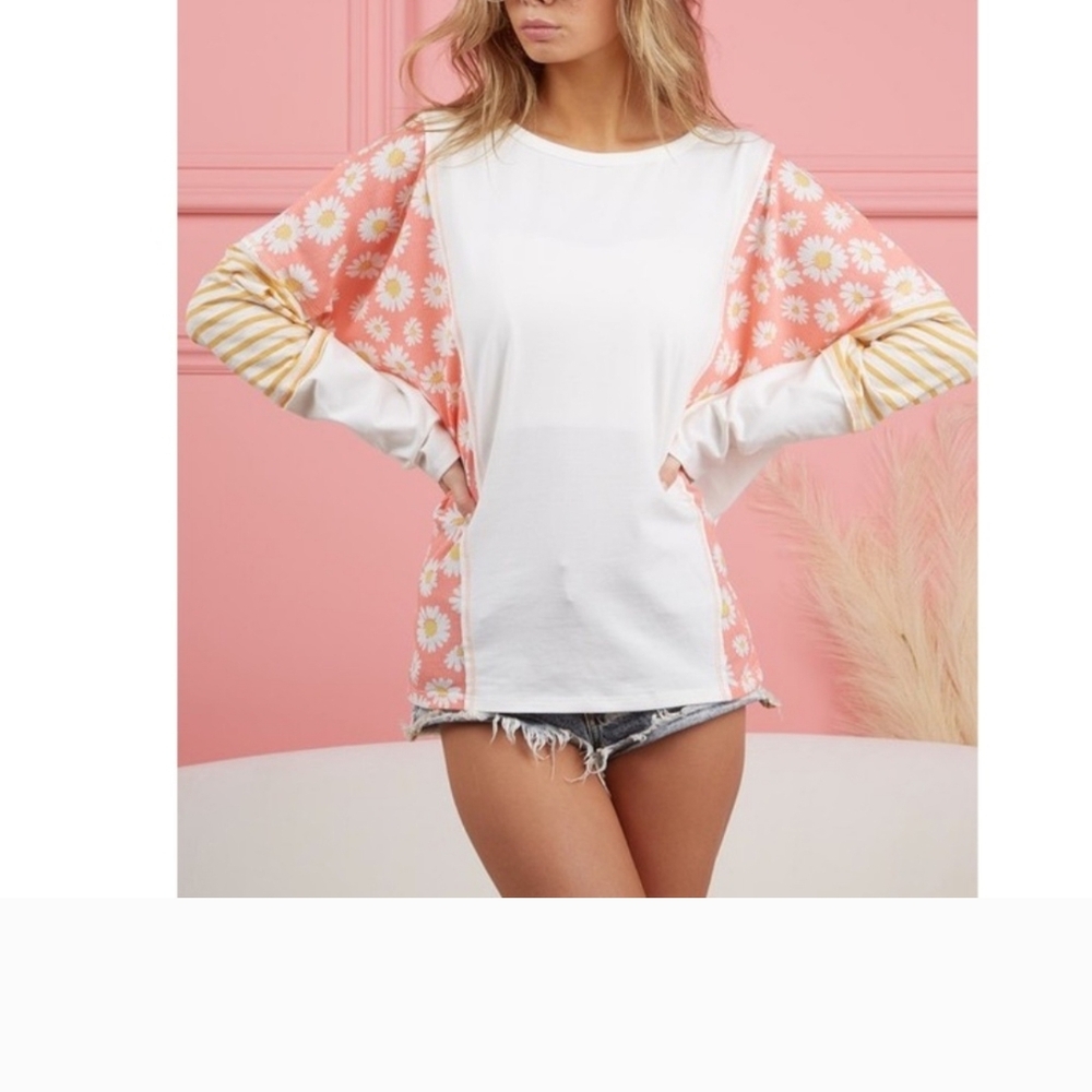 BiBi White and Pink Long Sleeve Boxy Tee